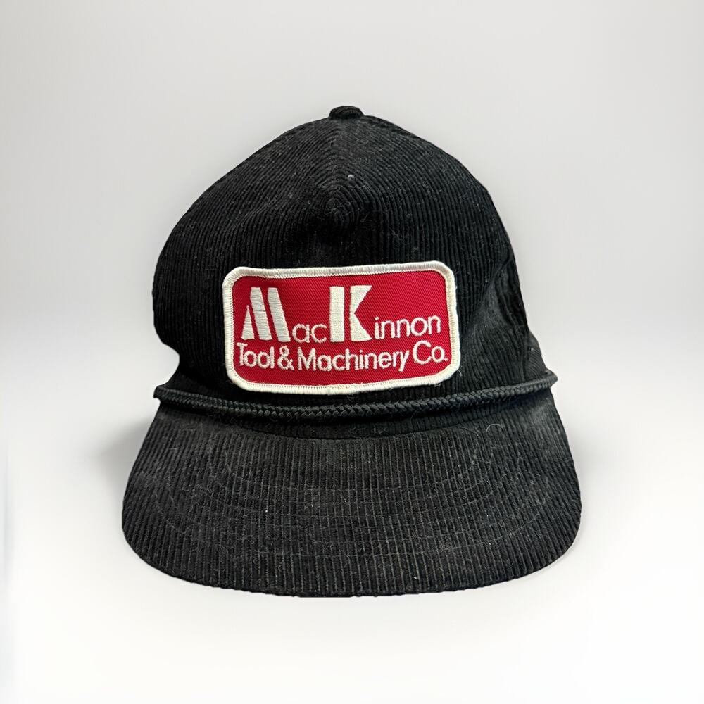 Vintage 90s Head To Toe Mens Black Corduroy Mac Kinnon Tool Machinery Patch Hat